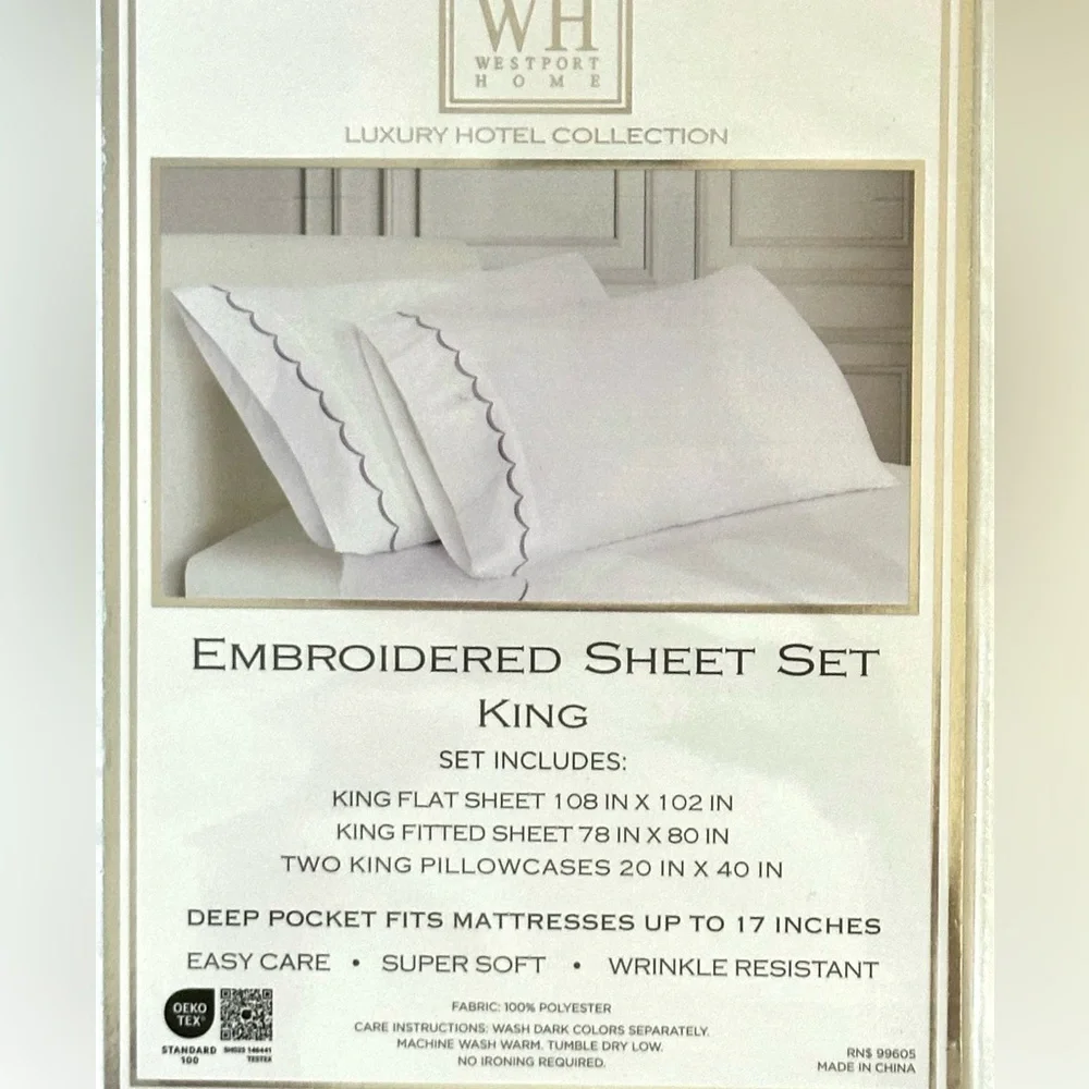 Westport Home Luxury Hotel Collection King Sheets Set White W/ Lavendar Accents